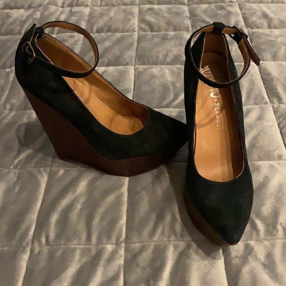Jeffrey Campbell Black and Brown Ankle Strap Wedges